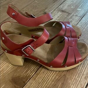 Clarks Red Leather Mules with Classic Clog Design